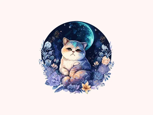 Nette Katze Vector Illustration Dekoriert Mit Blumen Kosmischen Hintergrund — Stockvektor