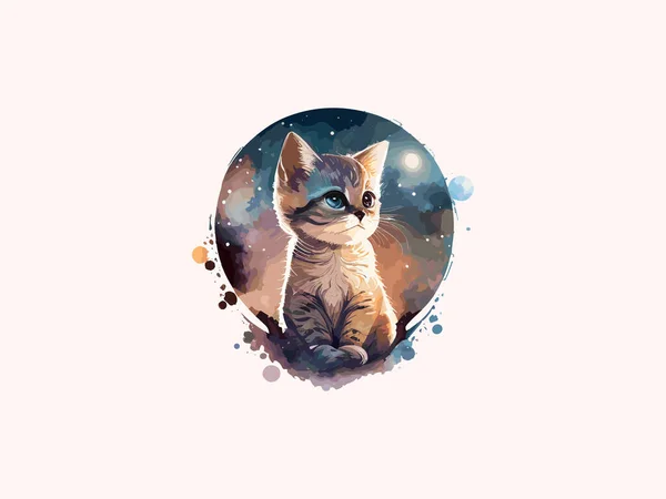 Симпатичная Иллюстрация Cat Vector Украшенная Цветами Космическом Фоне — стоковый вектор