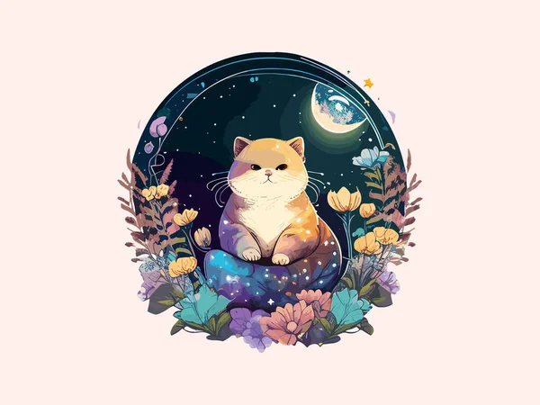 Cute Cat Vector Ilustração Decorado Com Flores Fundo Cósmico — Vetor de Stock