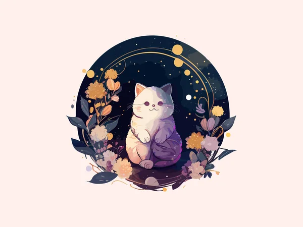 Cute Cat Vector Ilustração Decorado Com Flores Fundo Cósmico —  Vetores de Stock