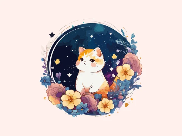 Cute Cat Vector Ilustrasi Dihiasi Dengan Bunga Kosmik Latar Belakang - Stok Vektor