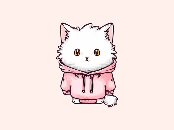 Simpatico Gatto Bianco Con Maglione Rosa Gatto Divertente Vestiti Illustrazione — Vettoriale Stock