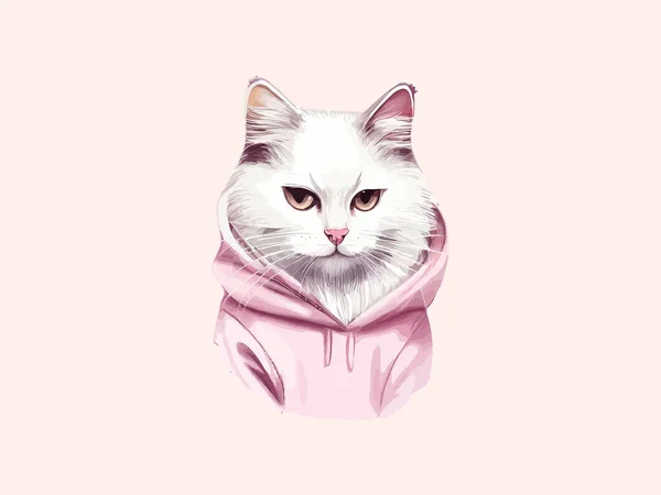 Cute White Cat Pink Sweater Funny Cat Clothes Vector Illustration — Stock Vector