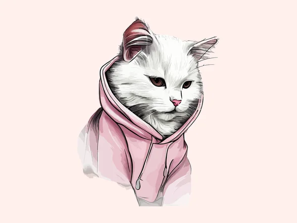 Lindo Gato Blanco Suéter Rosa Gato Divertido Ropa Ilustración Vectorial — Archivo Imágenes Vectoriales