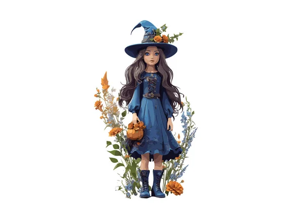 Watercolor Witch Girl Decorated Flowers Pumpkins Halloween Concept Vector Illustration — Stock Vector