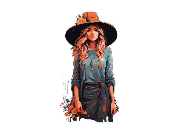 Akvarel Čarodějnice Dívka Zdobené Květinami Dýně Halloween Koncepce Vektorové Ilustrace — Stockový vektor
