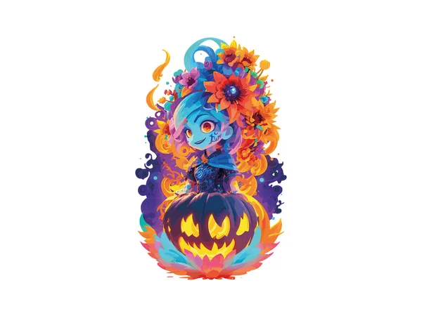 Akvarell Boszorkány Lány Díszített Virágok Sütőtök Halloween Koncepció Vektor Illusztráció — Stock Vector