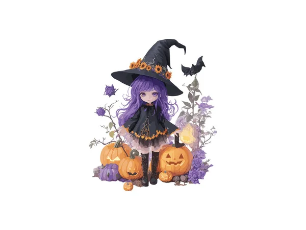Chica Bruja Acuarela Decorada Con Flores Calabazas Concepto Halloween Ilustración — Archivo Imágenes Vectoriales