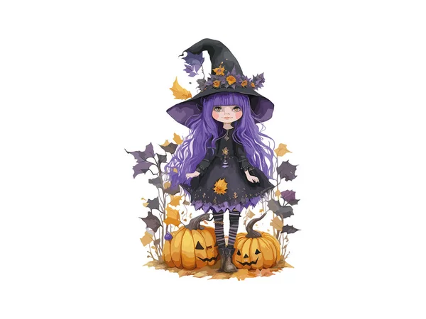 Akvarel Čarodějnice Dívka Zdobené Květinami Dýně Halloween Koncepce Vektorové Ilustrace — Stockový vektor