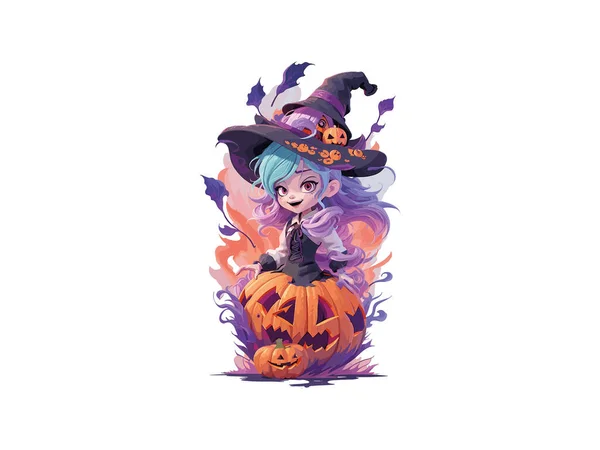 Akvarell Boszorkány Lány Díszített Virágok Sütőtök Halloween Koncepció Vektor Illusztráció — Stock Vector
