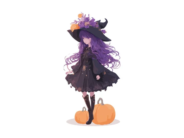 Menina Bruxa Aquarela Decorada Com Flores Abóboras Conceito Halloween Arte —  Vetores de Stock