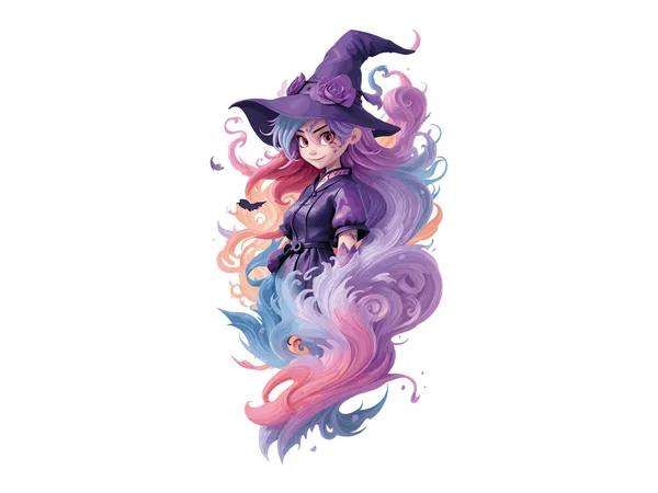 Watercolor Witch Girl Decorated Flowers Pumpkins Halloween Concept Vector Illustration — Stock Vector