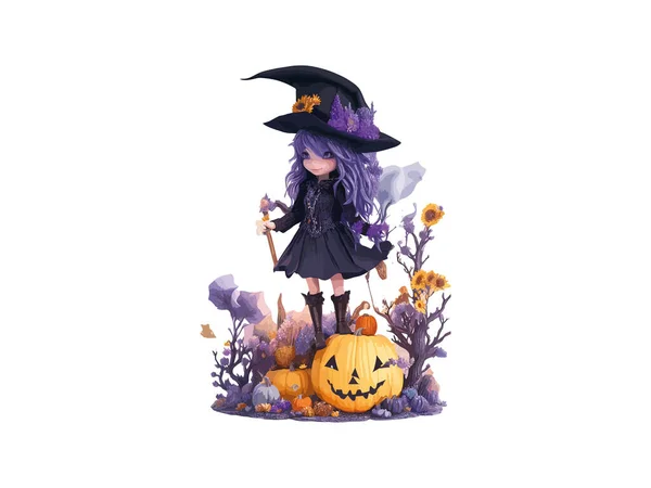 Watercolor Witch Girl Didekorasi Dengan Bunga Dan Labu Dalam Konsep - Stok Vektor