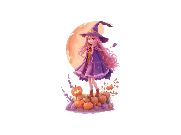 Watercolor Witch Girl Didekorasi Dengan Bunga Dan Labu Dalam Konsep - Stok Vektor