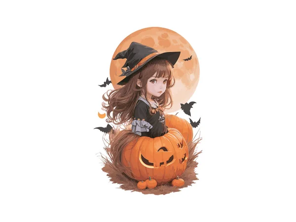 Karakter Cute Witch Dihiasi Dengan Bunga Dan Labu Konsep Halloween - Stok Vektor