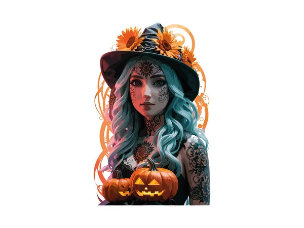 Akwarela Czarownica Dziewczyna Ozdobiona Kwiatami Dynie Halloween Concept Wektor Ilustracji — Wektor stockowy