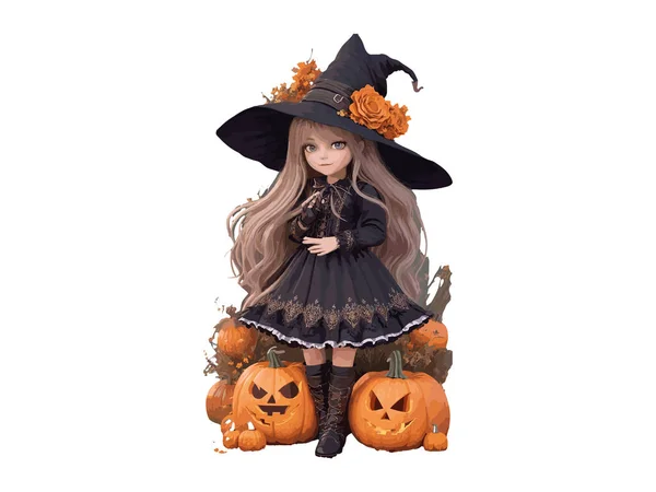 Charakter Roztomilé Čarodějnice Zdobené Květinami Dýně Halloween Koncept Vektorové Ilustrace — Stockový vektor