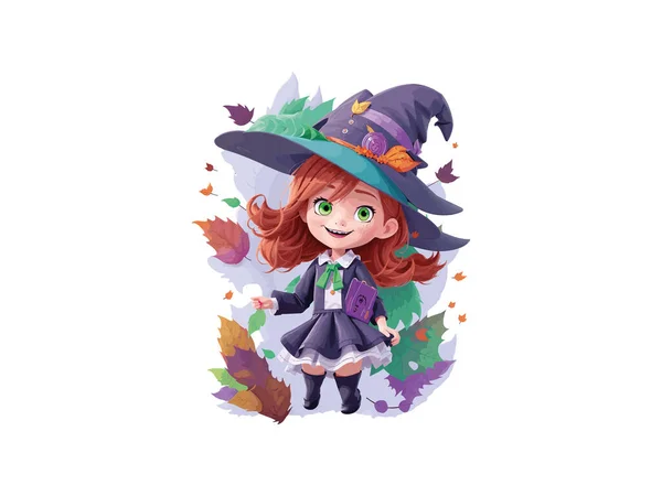 Character Cute Witch Decorated Flowers Pumpkin Halloween Concept Vector Illustration — Stock Vector