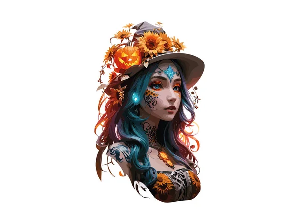 Menina Bruxa Aquarela Decorada Com Flores Abóboras Conceito Halloween Arte — Vetor de Stock