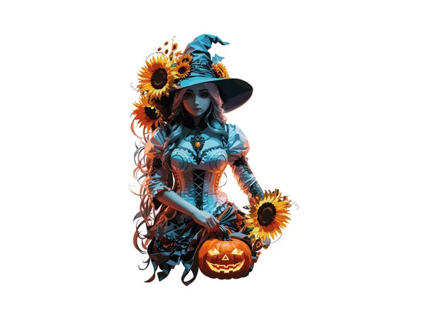 水彩画女巫女孩装饰鲜花和南瓜在万圣节的概念 病媒图解剪贴艺术 — 图库矢量图片