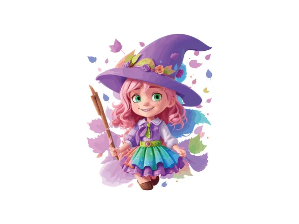 Znaków Cute Witch Ozdobione Kwiatami Dynia Koncepcja Halloween Wektor Ilustracja — Wektor stockowy