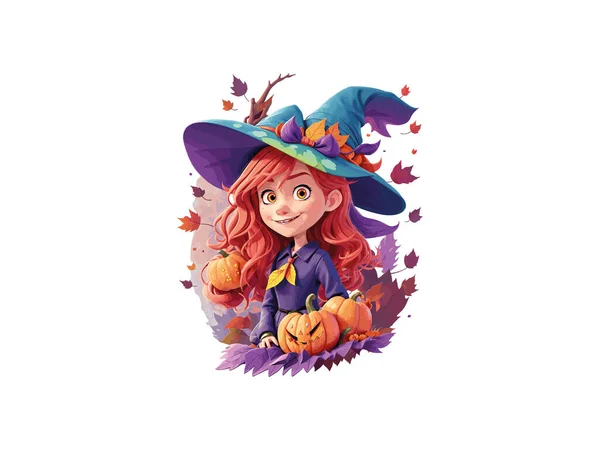 Feiticeira Bonito Personagem Decorado Com Flores Abóbora Conceito Halloween Ilustração —  Vetores de Stock