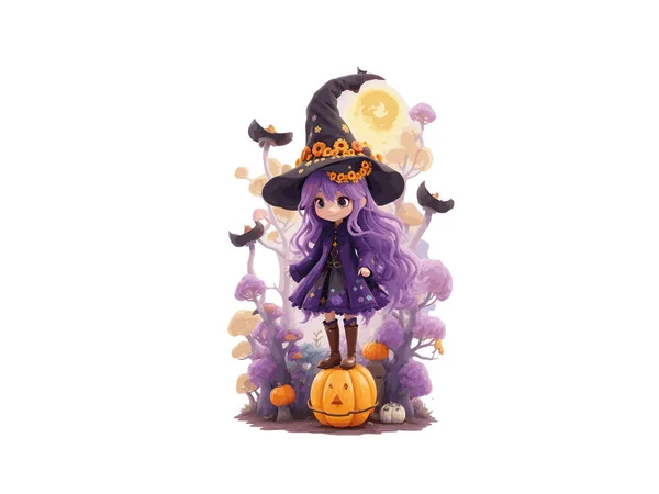 Chica Bruja Acuarela Decorada Con Flores Calabazas Concepto Halloween Ilustración — Archivo Imágenes Vectoriales