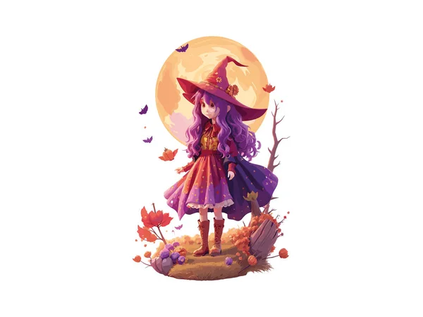 花とパンプキンで飾られた3Dキャラクターかわいい魔女 ハロウィーンコンセプト ベクターイラストクリップアート — ストックベクタ
