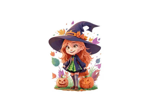 Personaje Linda Bruja Decorada Con Flores Calabaza Concepto Halloween Ilustración — Vector de stock