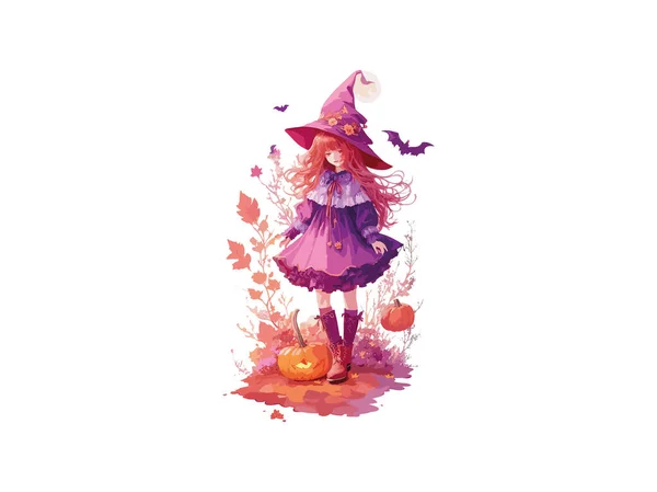 Akwarela Czarownica Dziewczyna Ozdobiona Kwiatami Dynie Halloween Concept Wektor Ilustracji — Wektor stockowy