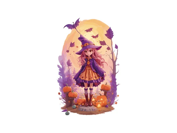 Caractère Mignonne Sorcière Décorée Fleurs Citrouille Concept Halloween Illustration Vectorielle — Image vectorielle