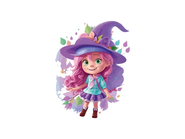 Character Cute Witch Decorated Flowers Pumpkin Halloween Concept Vector Illustration — Stock Vector