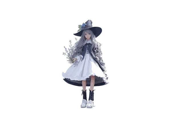 3D人物可爱女巫装饰花卉和南瓜 万圣节的概念 矢量插图剪贴艺术 — 图库矢量图片