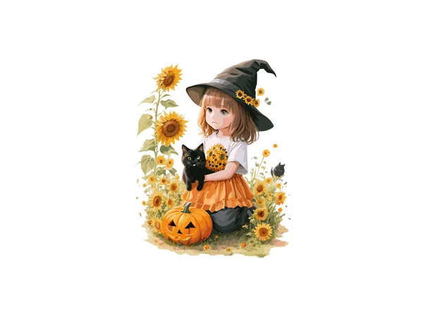Personaggio Carino Strega Decorato Con Fiori Zucca Concetto Halloween Illustrazione — Vettoriale Stock