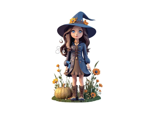 Znaków Cute Witch Ozdobione Kwiatami Dynia Koncepcja Halloween Wektor Ilustracja — Wektor stockowy