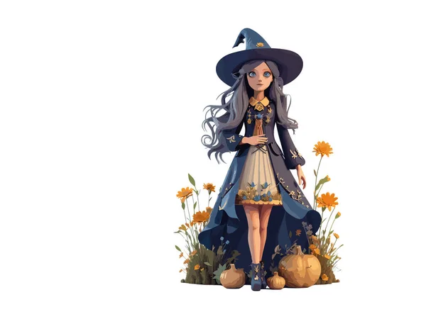花とパンプキンで飾られた3Dキャラクターかわいい魔女 ハロウィーンコンセプト ベクターイラストクリップアート — ストックベクタ