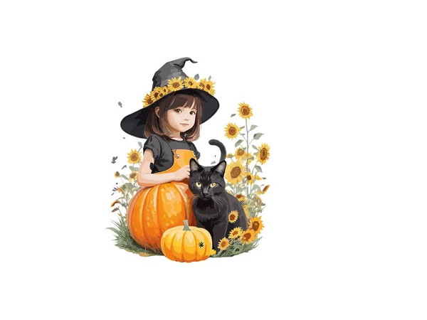 Karakter Aranyos Boszorkány Díszített Virágok Tök Halloween Koncepció Vektor Illusztráció — Stock Vector