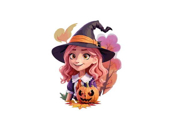 Personaje Linda Bruja Decorada Con Flores Calabaza Concepto Halloween Ilustración — Archivo Imágenes Vectoriales