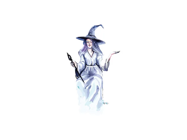 在白色背景上戴着一顶帽子的漂亮巫婆女孩装饰着花朵 动漫风格的巫婆 主题之间的缝隙 — 图库矢量图片
