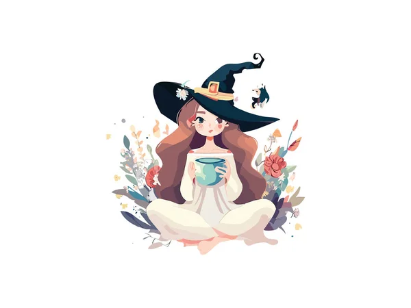 Nettes Hexenmädchen Mit Hut Auf Weißem Hintergrund Dekoriert Durch Blumen — Stockvektor