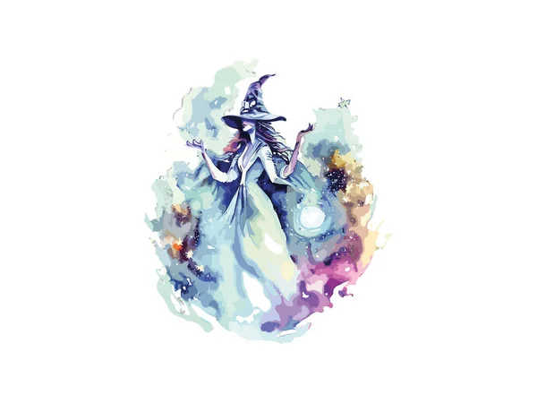Roztomilé Čarodějnice Dívka Klobouku Bílém Pozadídekorace Květin Grafické Ilustrace Anime — Stockový vektor