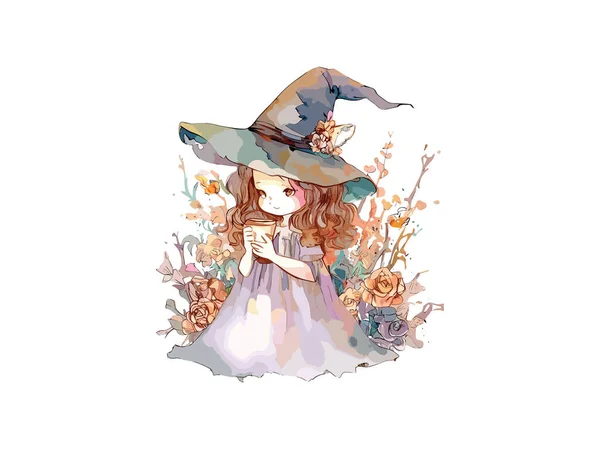 グラフィックイラスト アニメスタイルの魔女 ハロウィーンのテーマクリッパーによって装飾された白い背景にかわいい魔女ガール — ストックベクタ
