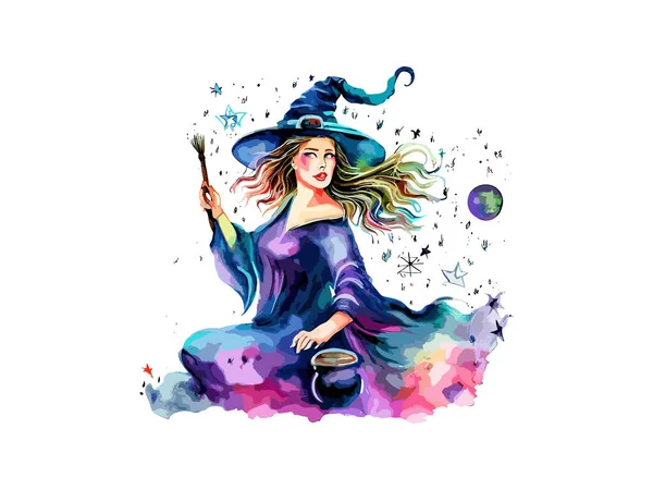 Cute Witch Girl Kapeluszu Białym Tle Dekorowane Przez Kwiaty Ilustracja — Wektor stockowy
