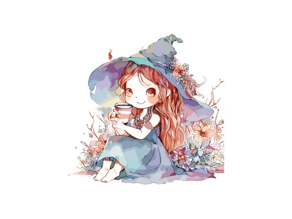Çiçekler Grafik Çizimler Anime Tarzı Cadı Cadılar Bayramı Teması Ile — Stok Vektör