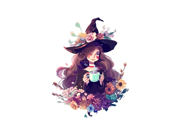 Ilustração em vetor rosto bruxa bonita. garota mágica de desenho animado  com cabelo roxo. feliz dia das bruxas