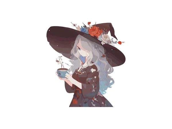 在白色背景上戴着一顶帽子的漂亮巫婆女孩装饰着花朵 动漫风格的巫婆 主题之间的缝隙 — 图库矢量图片