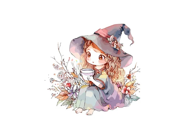 Χαριτωμένο Κορίτσι Μάγισσα Ένα Καπέλο Λευκό Φόντοδιακοσμημένο Από Λουλούδια Γραφική — Διανυσματικό Αρχείο