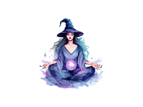 Cute Witch Girl Kapeluszu Białym Tle Dekorowane Przez Kwiaty Ilustracja — Wektor stockowy