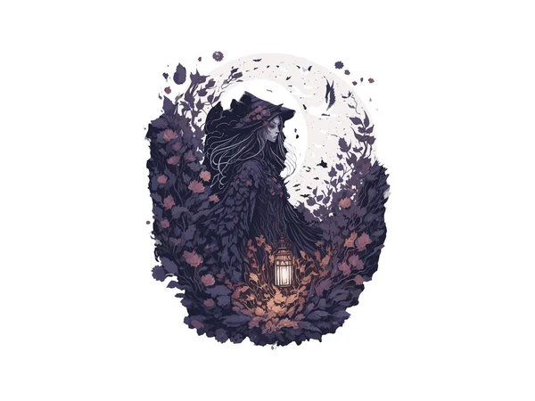 Akvarel Čarodějnice Tmavém Lese Obklopen Stromy Květy Vektorové Ilustrační Kliparty — Stockový vektor