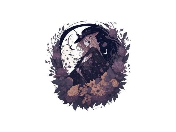 木や花に囲まれた暗い森の水彩魔女 ベクターイラストクリップ — ストックベクタ